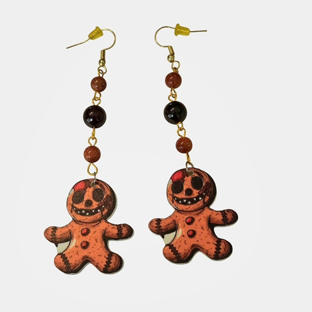 Creepy Gingerbread Cookie Earrings W/Garnet & Goldstone Beads 3D Print NWOT
